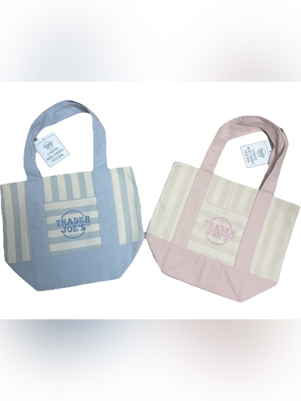 Trader Joe’s Mini Tote Bags ~ 2 Set ~ Blue & Pink Striped Mini Canvas Totes 2026